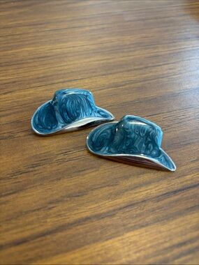 Teal marbled enamel cowboy hat earrings